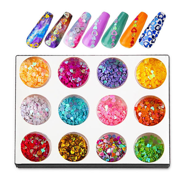 Nagelkonst ihålig flash paljett 12-färgad holografisk flash blandad hjärtformad Alla hjärtans dag nagelklistermärke Set1