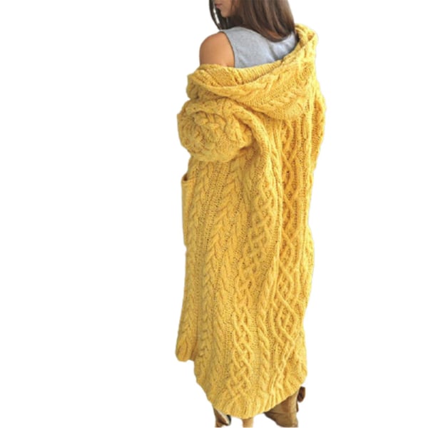 Avslappnad stickad lång ytterkläder med huva och sidoficka Dam höst vinter kappa 4XL Yellow