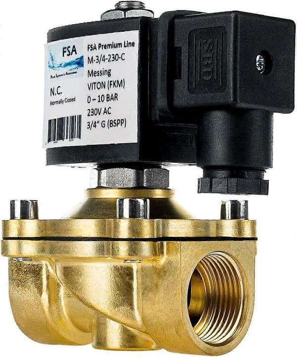 3/4\" messing magnetventil, 230V AC, 0-10 bar, Viton, lukket, ingen strøm