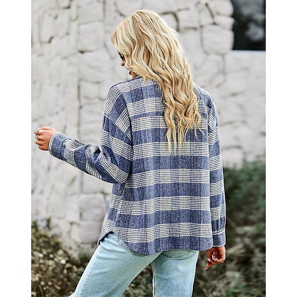 Rutete skjorte i landlig stil 2023 Høst og vinter Cardigan Lang kåpe Topp Dame Mote Løs blue XL