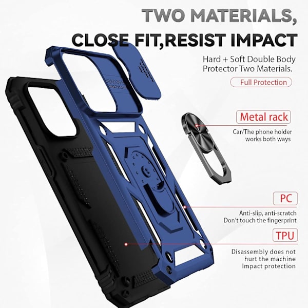 Pansarskydd för iPhone Stativfodral med Skjutbar Kameraskydd & Kickstand Militärklass Tungt Skydd med Magnetisk Hållare för iPhone14PRO (Blå)