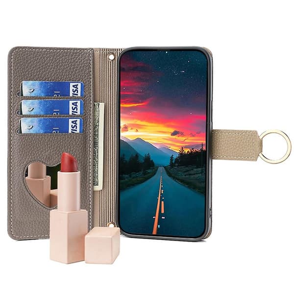 For iPhone 11 Pro Deksel Glidelåslomme Telefonveske Stativdeksel med Sminkespeil Stropp - Hvit Grey Style E iPhone 11 Pro