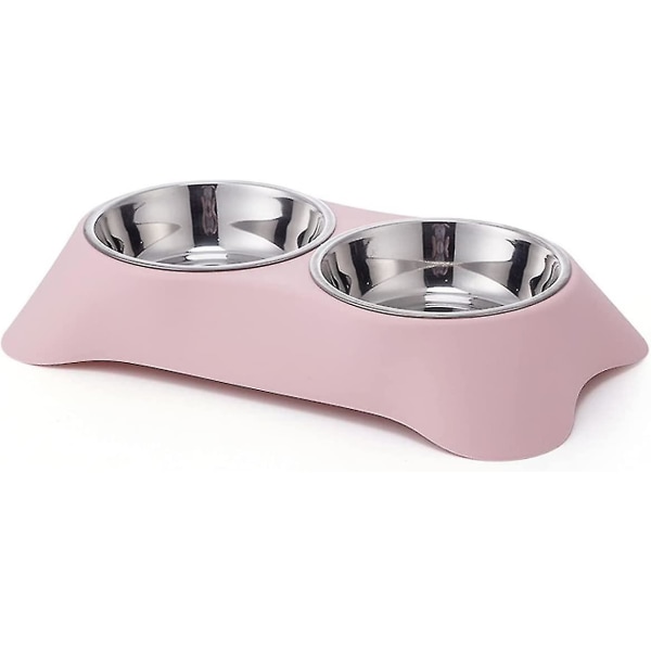 Dubbel hundskål, halkfri dubbelskål i rostfritt stål med spillfri för små hundar och katter (s, rosa)