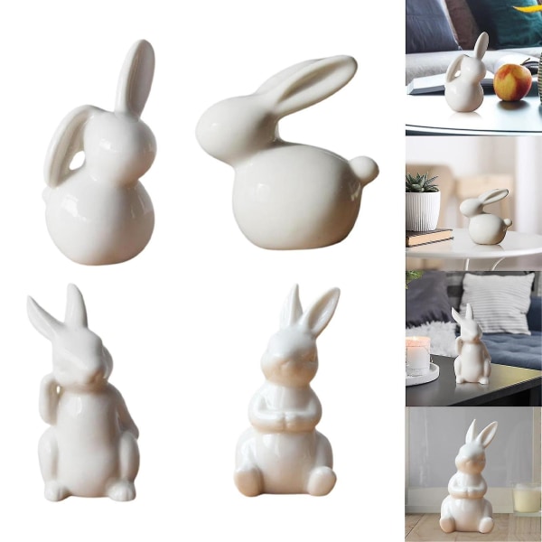 4 stycken vit keramik kaninfigur dekor vårpåsk kaninstaty Hembord mittpunkt dekorationsprydnad
