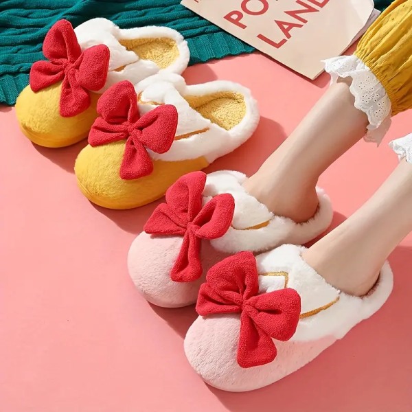 Kawaii Bowknot Fuzzy House Slippers, Closed Toe Soft Sole Plush Flat Shoes, Winter Warm Home Slippers Pink EU37 38