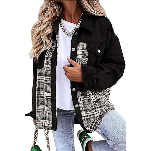 Dame Denimjakker med Knapper, Langærmede Afslappede Skjorter Black L