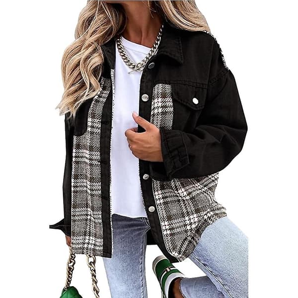 Dame Denimjakker med Knapper, Langærmede Afslappede Skjorter Black XL