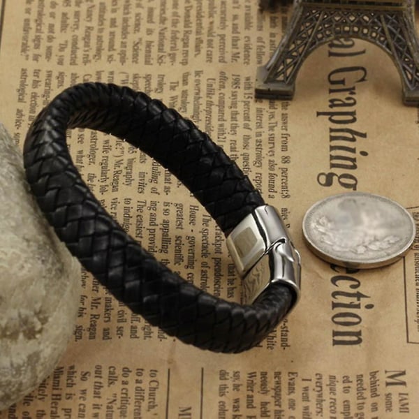 Män Punk armband Läder flätat rostfritt stål magnetiskt spänne Vintage Man Casual 20.5cm