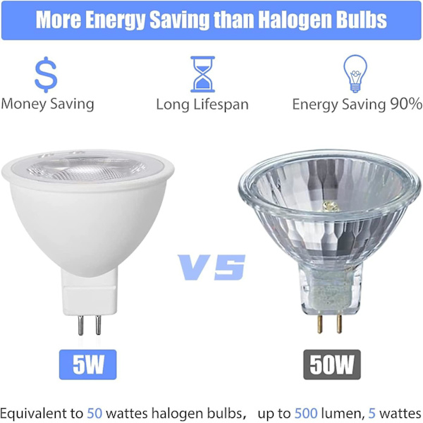 5 stk. MR16 LED-lamper Varm Hvid 3000k, MR16 GU5.3 LED 5W erstatning for 50W 40W halogenlampe, 500lm, AC/DC 12V Reflektor LED-pærer, ingen flimmer, ikke dæmpbar