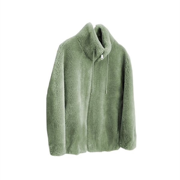 Teddykappa med dragsko, avslappnad dragkedja med långa ärmar, varm ytterkläder, damkläder green M