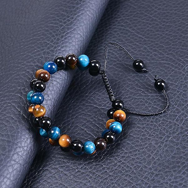 Naturligt Tigerøje Armbånd 8mm Obsidian Armbånd Til Mænd Justerbart Dobbelt Lag Perlearmbånd (lilla Tigerøje + Sort Magnetit + Obsidian Armbånd