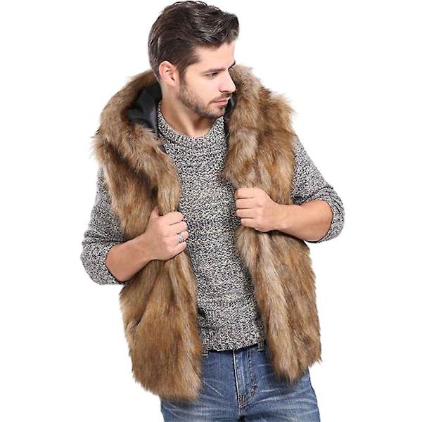 Herre Faux Pels Vest Veste Ærmeløs Hætte Jakke Frakke M