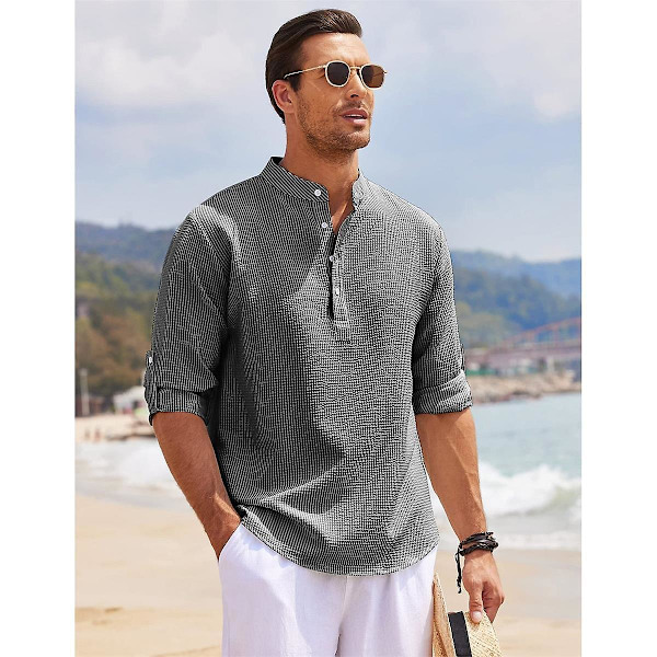 Herr Casual Button Down Skjortor, Långärmad Stående Krage Business Skjorta Black 4XL