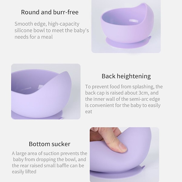 Silikon sugkoppskål lämplig för spädbarn och småbarn Lätt att rengöra, diskmaskin, mikrovågsugn purple