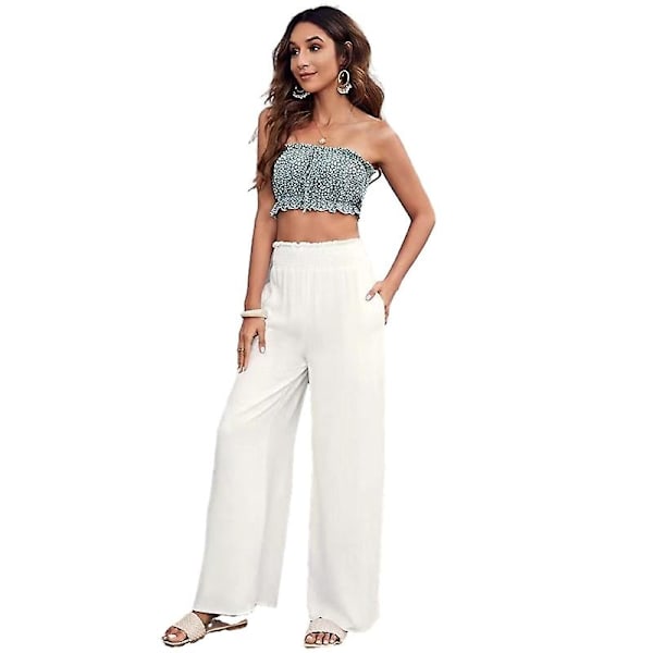 Dam bomullslinnebyxor, vida ben elastisk midja strandbyxor byxor White S