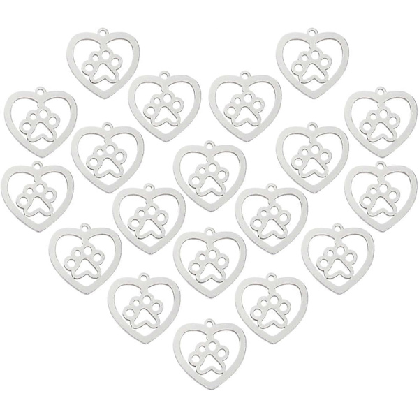 20 stk. 201 Rustfrit Stål Vedhæng Hjerte med Hundepoteaftryk Charms Små Hul Vedhæng til Kvinder Halskæder Smykkefremstilling 15x15,5x1mm, Hul 1,2mm