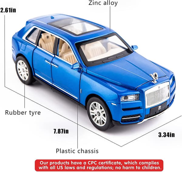 1/24 skala Rolls-Royce Cullinan SUV modelbil legetøj, zinklegering træk tilbage legetøjsbil med lyd og lys til børn drenge piger gave (blå)