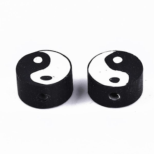 50 kpl käsintehtyjä polymeerisavihelmiä, litteä pyöreä, Yin Yang musta, 9~10x9~10x4~7mm, reikä: 2mm