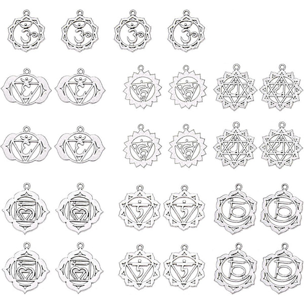 1 Ask 28 st 7 Stilar Legering Chakra Berlocker Hängsmycken Om Ohm Energi Berlocker Chakra Berlocker för Smyckestillverkning Fynd Tillbehör för DIY Halsband Br