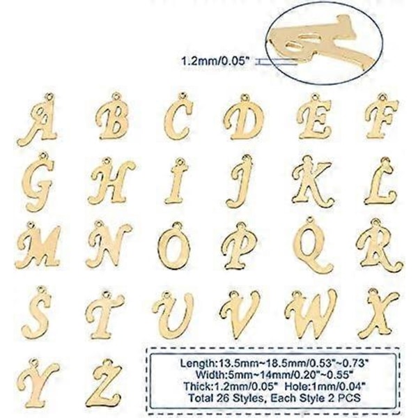 52 st Rostfria Bokstavsberlocker 1mm Hål Metall A ~ Z Bokstavsberlocker och Gyllene Laserskurna Alfabet Berlocker för Armband Halsband och Örhängen