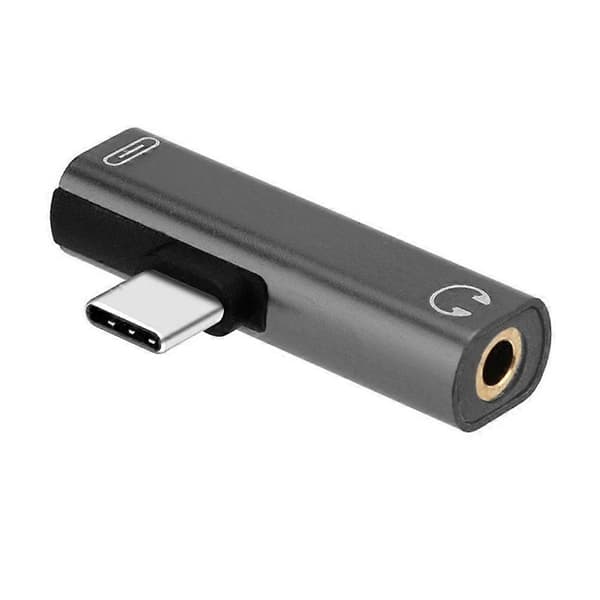 2-I-1 USB C Type-C til 3,5 mm Jack AUX Øretelefon Audio Adapter Oplader gray