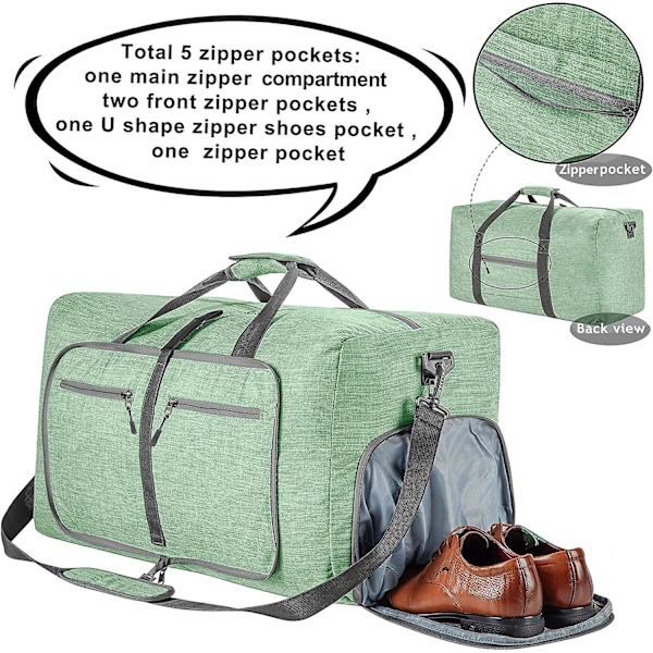 Reise-Dufflebag for menn, 65l sammenleggbar reise-duffelbag med sko-rom nattpose for menn kvinner vanntett og rivebestandig Light Green