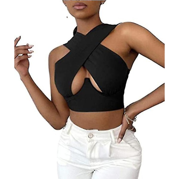 Dame Crisscross Vest Halter Wrap Crop Top Ensfarvede Cami Tanktoppe black XL