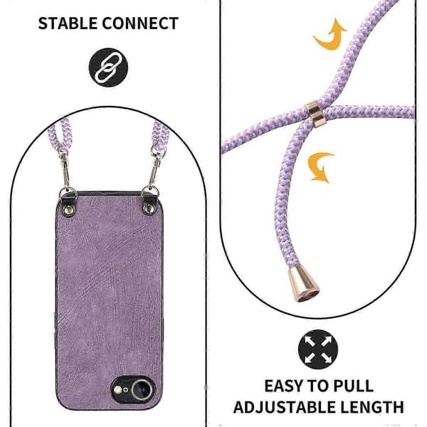 Retro læder telefoncover til Iphone 16e med justerbar rem - Lilla Purple