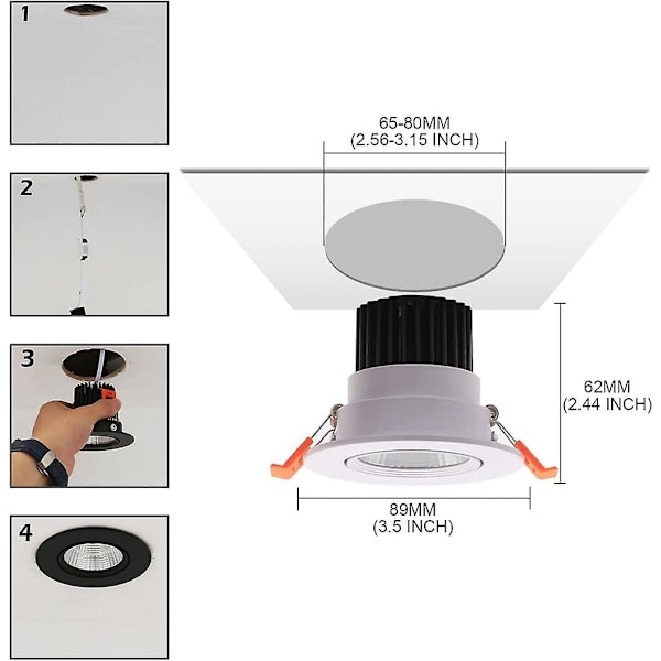 6 x LED-infällda spotlights, 5 W COB, kallvitt 6000 K, IP44 (vit) (öppning: 75 mm)