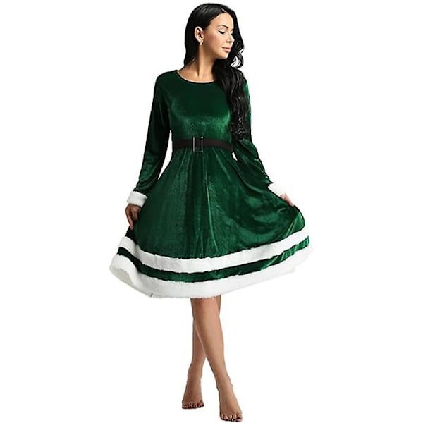 Womens Mrs Santa Claus Kostym Jul Sammet Långärmad Klänning Green M