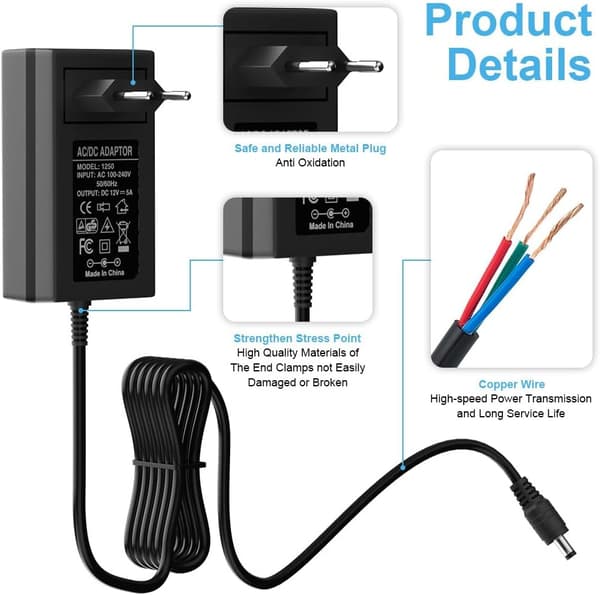 Universal strømforsyning, 12V 5A AC-adapter 60W, notebook-oplader, universal DC multifunktionel strømforsyning med LED-lys, velegnet til LED-lys
