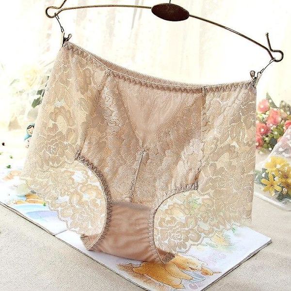 Dam sexiga mesh trosor hög midja sömlösa spets underkläder briefs transparent siden kvinnor bomullshälsa trosor underkläder xxxl Khaki L&1pc