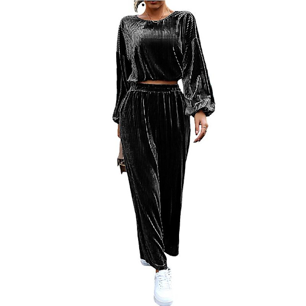 Dame Velour 2-delt Sæt, Sweatsuit Sæt Lounge Sæt Black M