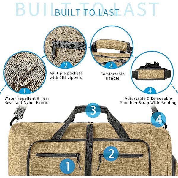 Reise-Dufflebag for menn, 65l sammenleggbar reise-duffelbag med sko-rom nattpose for menn kvinner vanntett og rivebestandig khaki