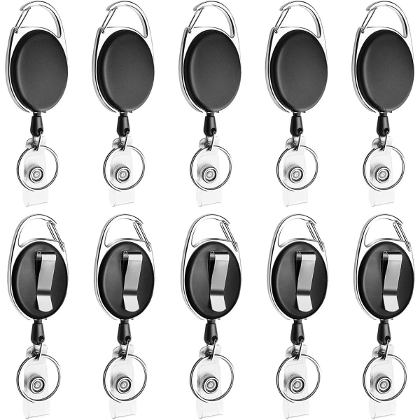 Udtrækkelig badgeholder med karabinhage, bælteclips og nøglering til ID-kort, nøgle, nøglering, badgeholder, sort, 10 stk. fra