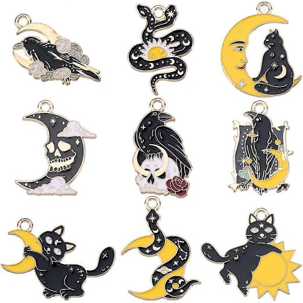 1 Æske 18 stk. 9 Stilarter Halloween Charms Bulk Gotiske Måne Charms Legering Emalje Stjerner Slanger Kat Krage Ravn Dyr Rose Næb Charm