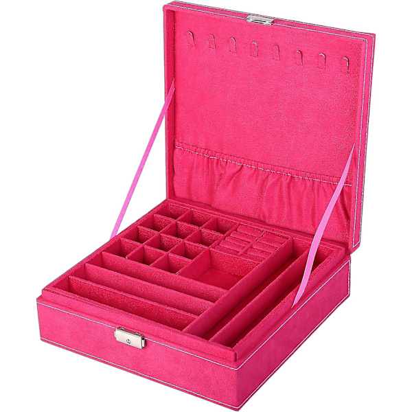 To-lags smykkeskrin Organizer Display Opbevaringskasse med lås (Rose)