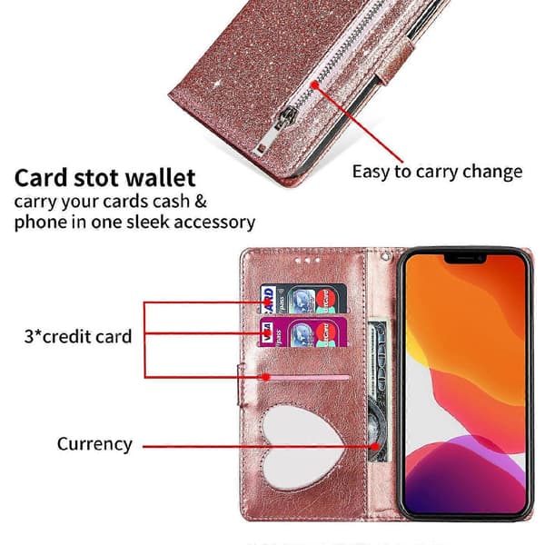 Glitter Paljetter Handledsrem Dragkedjeficka Plånbok Flip Läderfodral med Stativ för iPhone 13 Pr