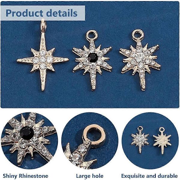 60 stjärnberlocker Nordstjärna Kubisk Zirkonia Hänge 3 Stilar Stjärnhänge 8-spetsig Stjärnberlock Rhinestone Hänge för att Göra Armband Halsband Smycken