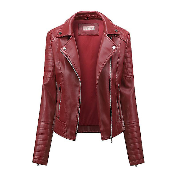 Kvinnors konstläderjacka, hel dragkedja motorcykeljackor slim fit kappa Red M
