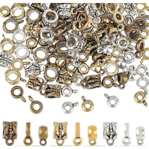 1 Ask 180 st 9 Stilar Bail Tube Pärlor Länkar Bail Pärla Glidande Charm Loop Hängare Dangle Antik Tibetansk Silver Gyllene Koppling Kolonn Pärla för Europeiska