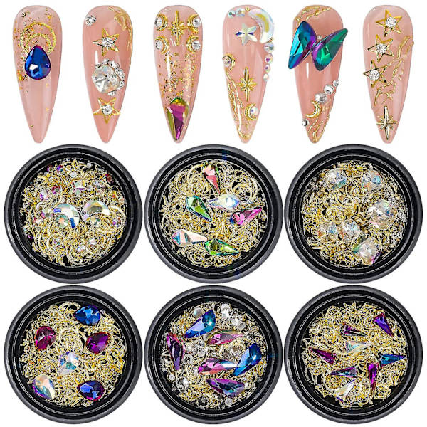 6 lådor metall nagelkonst nitar 3d nagelkonst Ab strass blandade naglar kristall nagelkonst pärlor smycken stjärna måne design nagelkonst dekoration tillbehör Sup