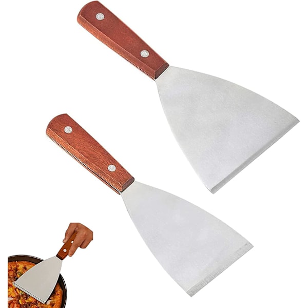 Spatel i rustfritt stål med trehåndtak, grillspatel for plancha, 2 stk.