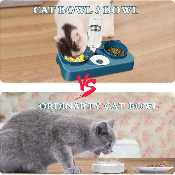 Dubbel förhöjd katt- och hundskål, 3-i-1 automatiska vatten- och husdjursmatare, lutande design dubbel matskål, för katter och valpar