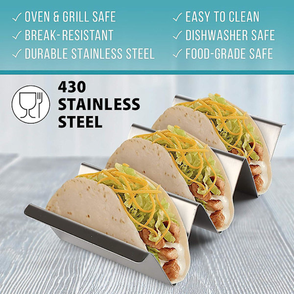 Tacoserveringsbakker i rustfrit stål, lette at fylde tacoplader, ovn-, grill- og opvaskemaskinesikre