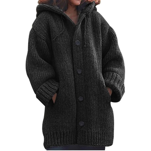 Hettegenser strikket genser dame høst vinter mellomlang ensfarget knappegenser 4XL Black