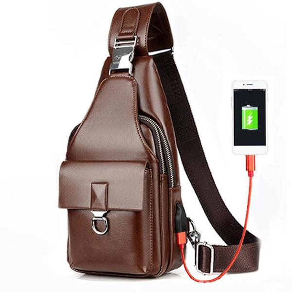 Herre USB Brysttaske Anti Tyveri Sports Sling Taske Med USB Opladning Vandtæt Only Chest Bag Brown With USB Port