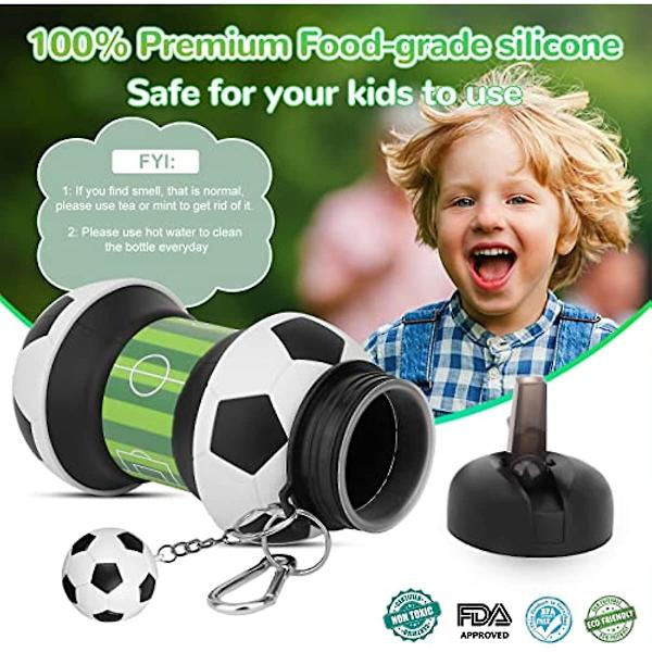 Fotballdinosaur Nøkkelring 550ml Sammenleggbare Vannflasker for Barn med Tut for Skole BPA-fri Lekkasjesikker Silikon Drikkeflaske for Jenter Gutter
