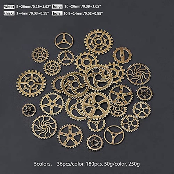 250g (180 stk) Antikke Steampunk Tannhjul Anheng 5-Fargers Hjul Tannhjul Resin Fyllstoffer Legering Blandede Tannhjul Anheng for Resin Håndverk Smykkefremstilling og Dekor