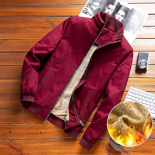 Herre Tyk Fleeceforet Vinterjakke Ståkrave Lynlås Lukning Kort Frakke 4XL Red